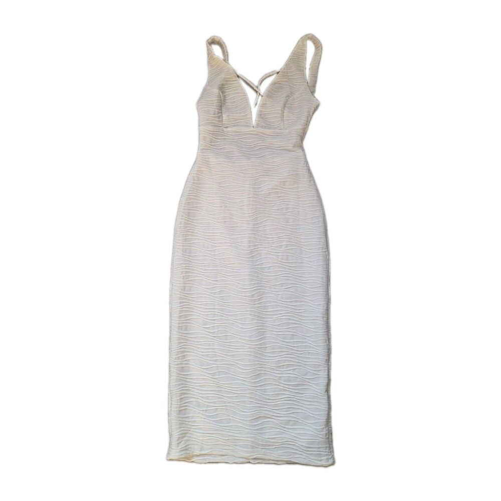 Hello Molly Ivory Ruched Textured Bodycon Midi Dress Lace Up Back Sz S US 4 EUC